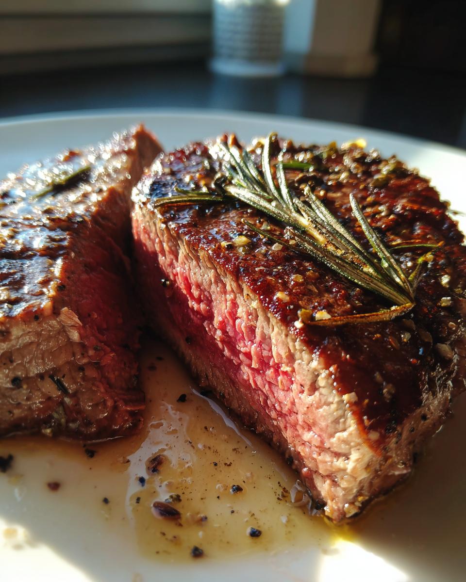 Filete jugoso de carne al horno con especias y ramita de romero encima.
