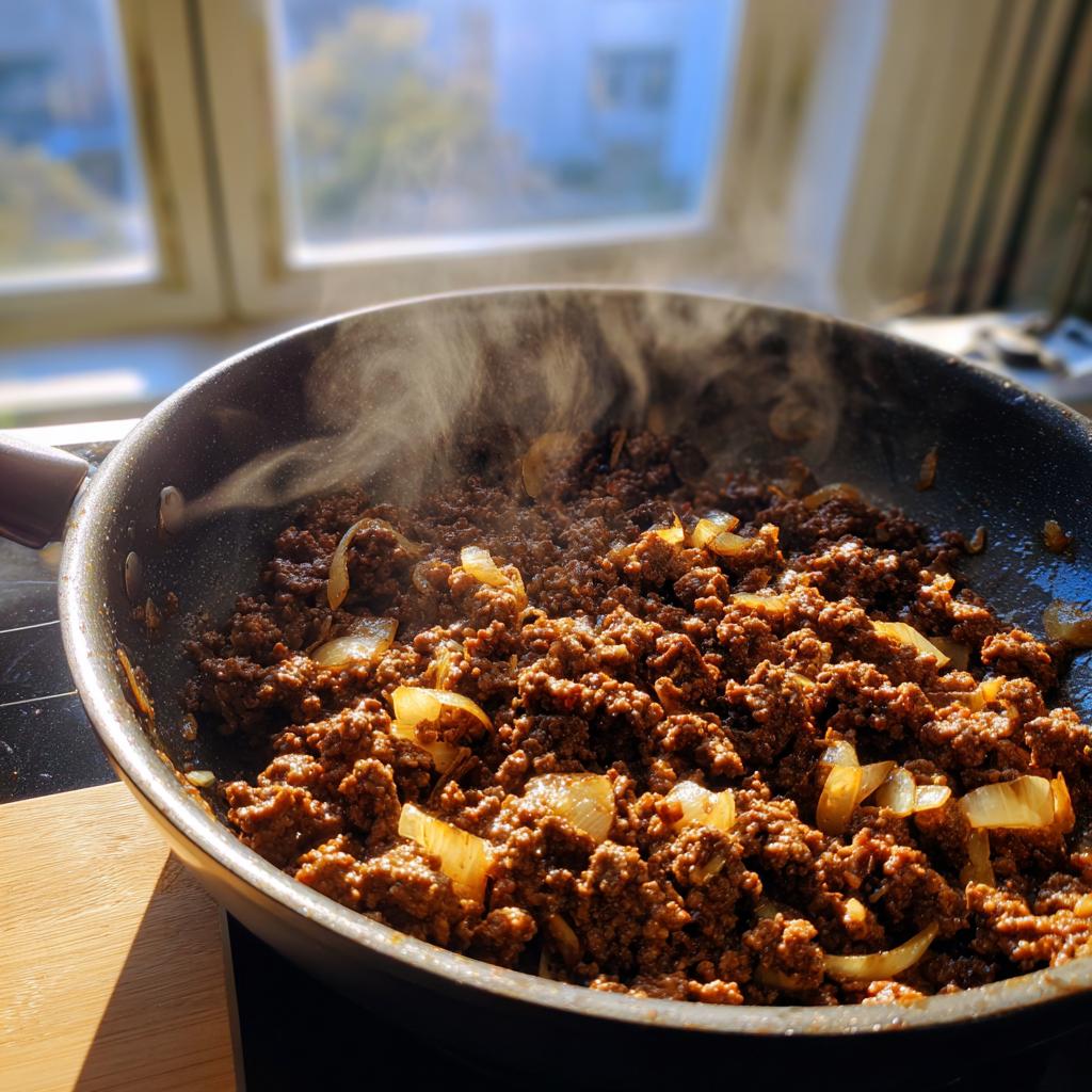 Carne picada con cebolla cocinándose en sartén con vapor saliendo