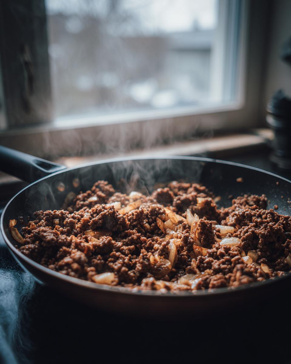 Carne picada cocinándose con cebolla en sartén, humeante y lista para recetas con carne picada fáciles