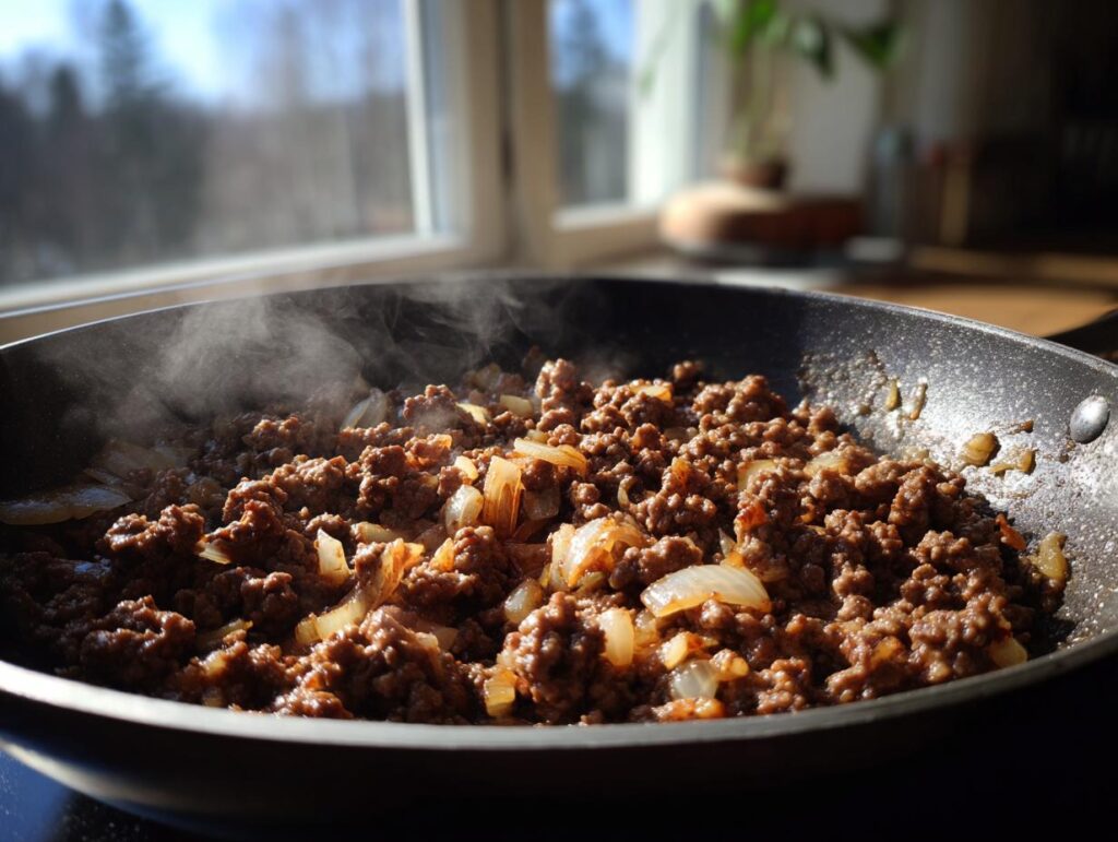 Carne picada cocinándose con cebolla en una sartén humeante con luz natural