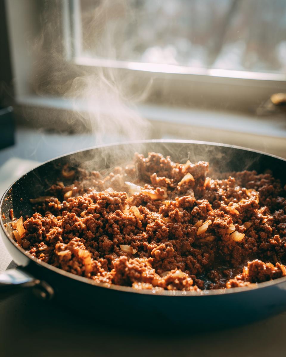 Carne picada en sartén con cebolla y especias cocinándose al vapor