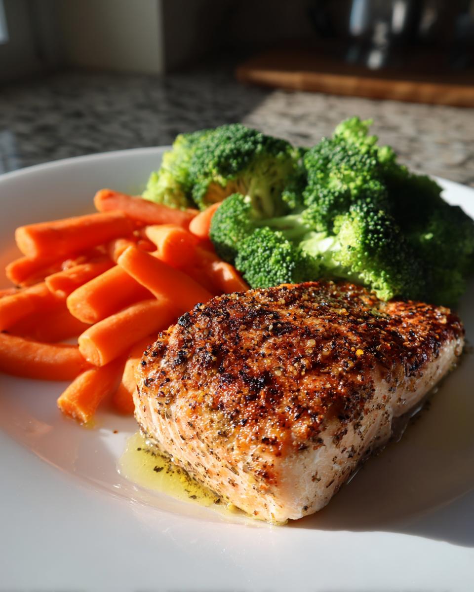 Pieza de salmón a la plancha con brócoli y zanahorias para cena saludable San Valentín