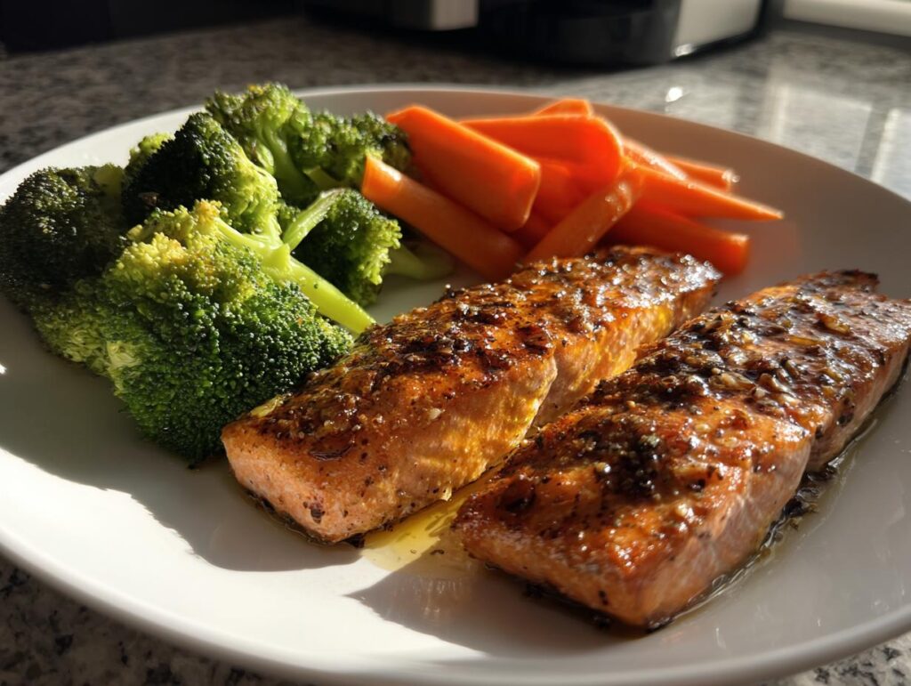 Plato con salmón a la plancha acompañado de brócoli y zanahorias para cena saludable San Valentín