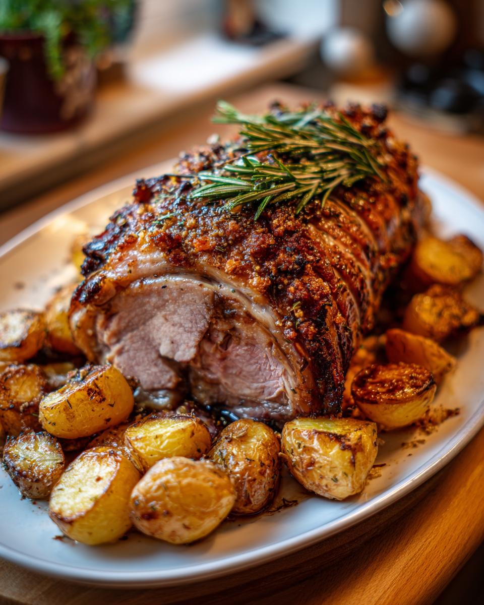 Cerdo asado con corteza dorada y papas rostizadas en plato blanco para ideas de menú navideño fácil.