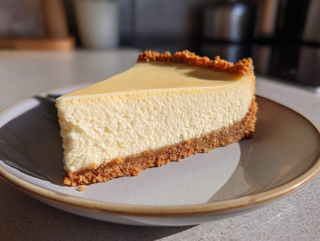 Rebanada de cheesecake cremoso con base de galleta en un plato gris