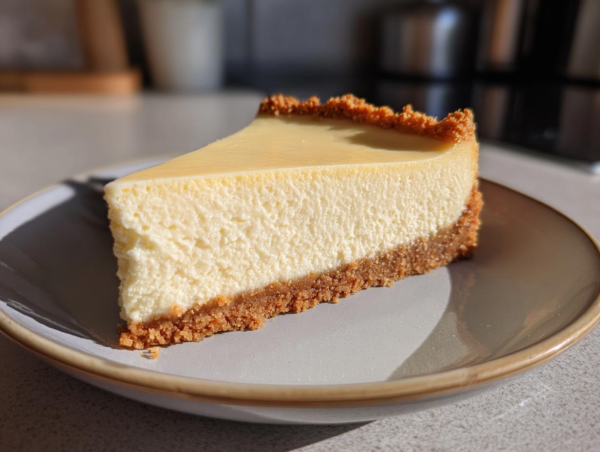 Rebanada de cheesecake cremoso con base de galleta en un plato gris