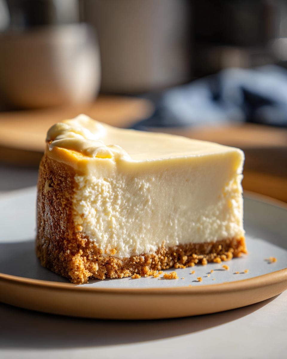 Porción de cheesecake cremoso con base de galleta en un plato, postres para compartir en pareja