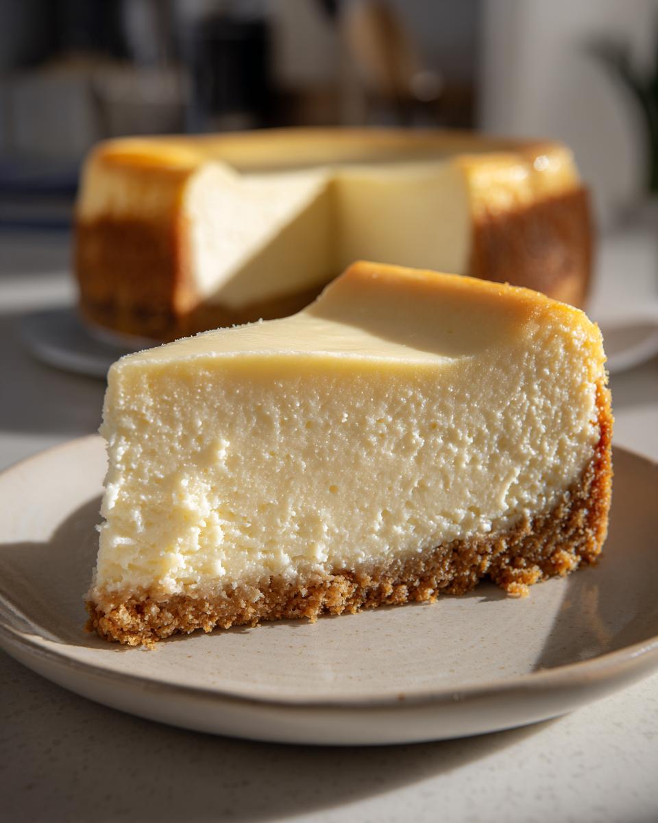 Trozo de cheesecake cremoso con base de galleta en plato, perfecto para postres para compartir en pareja