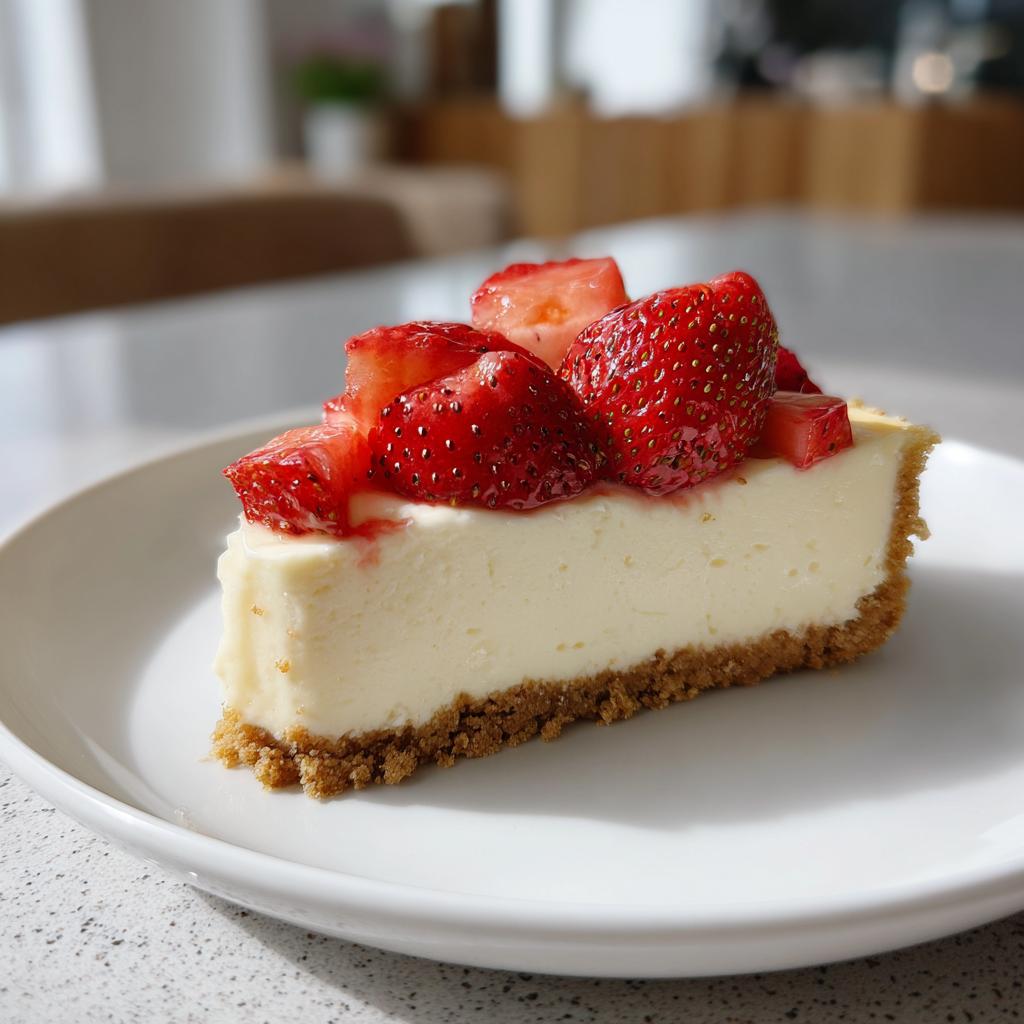 Rebanada de cheesecake con fresas encima en un plato blanco, un postres sin horno delicioso
