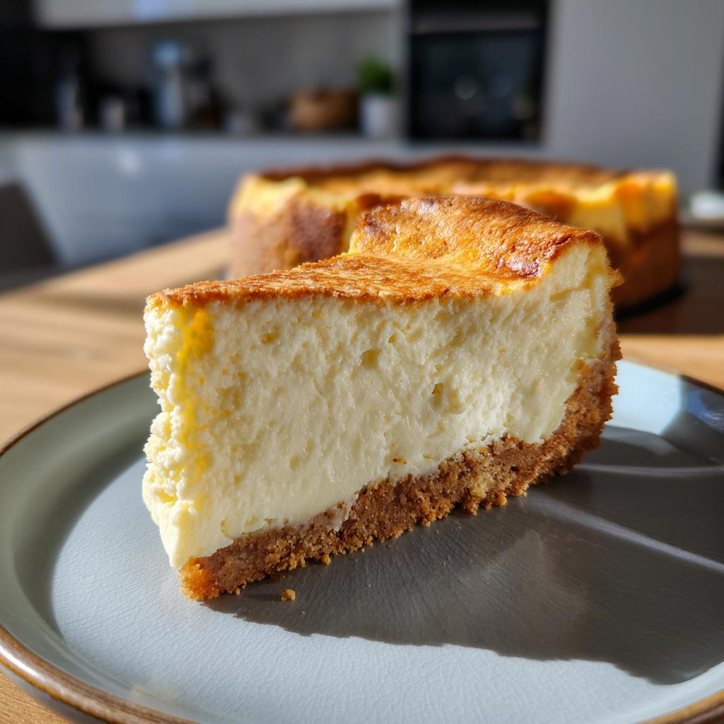 Porción de cheesecake cremosa con base crujiente en un plato, ideal para postres para compartir en pareja.