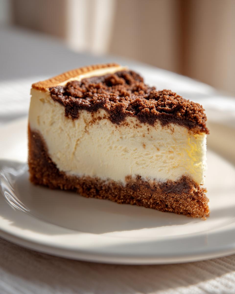 Porción de cheesecake con base y topping de chocolate en un plato blanco