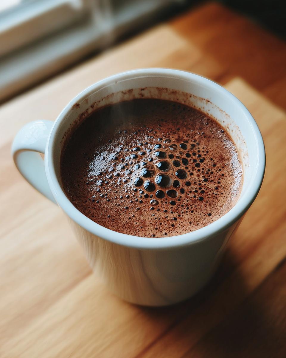 Taza blanca con chocolate caliente casero espumoso sobre mesa de madera