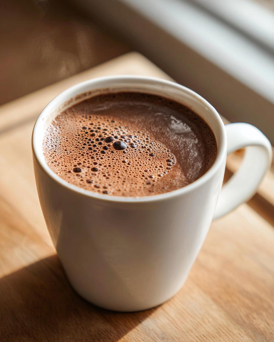 Taza blanca con chocolate caliente casero espumoso servido sobre mesa de madera