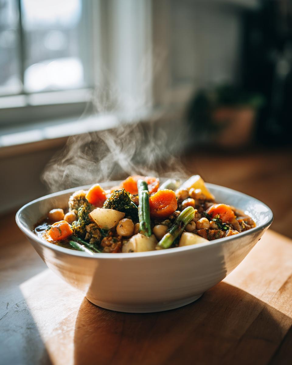 Tazón con cocido ligero de invierno caliente con verduras y legumbres
