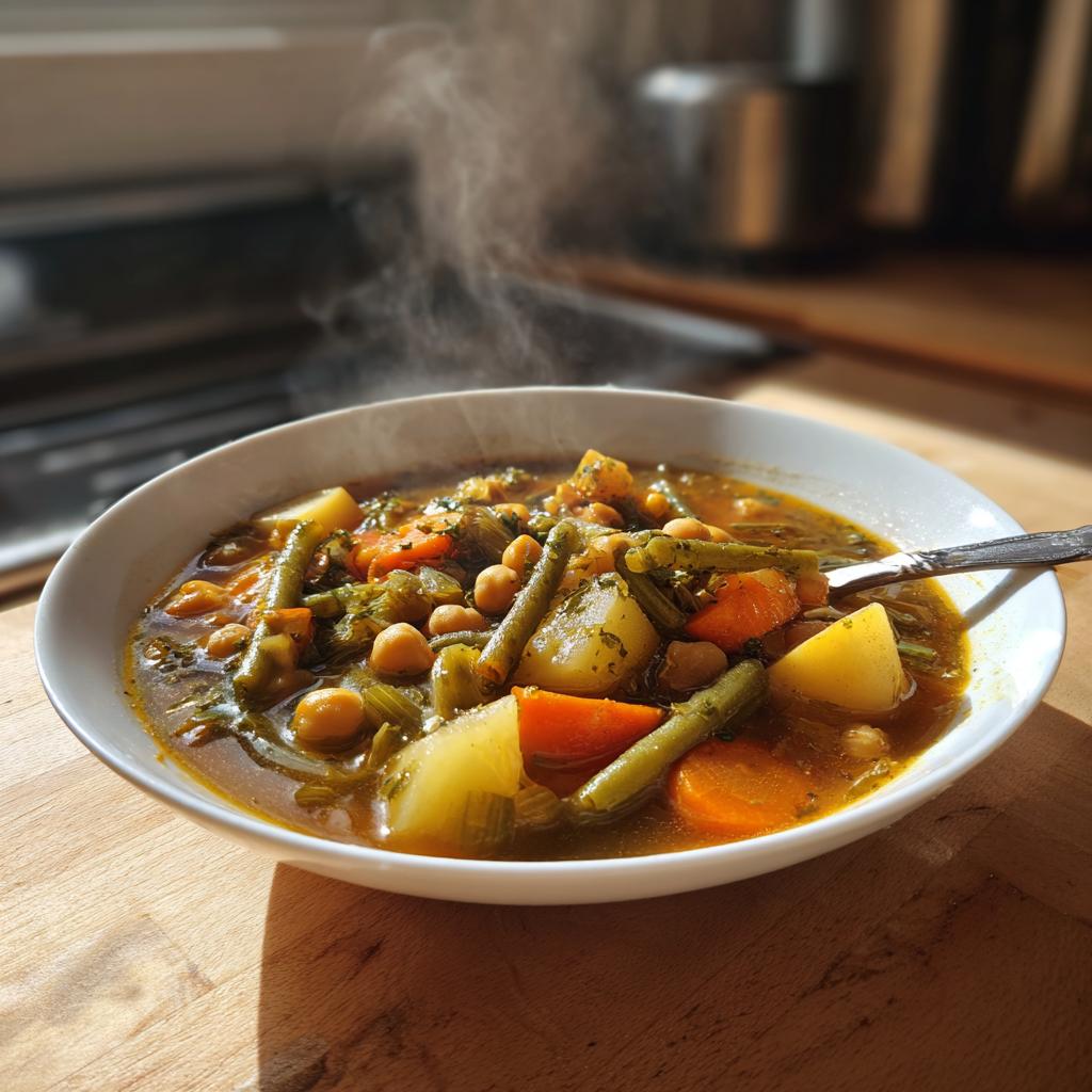 Primer plano de un tazón humeante de cocido ligero de invierno con verduras y garbanzos.