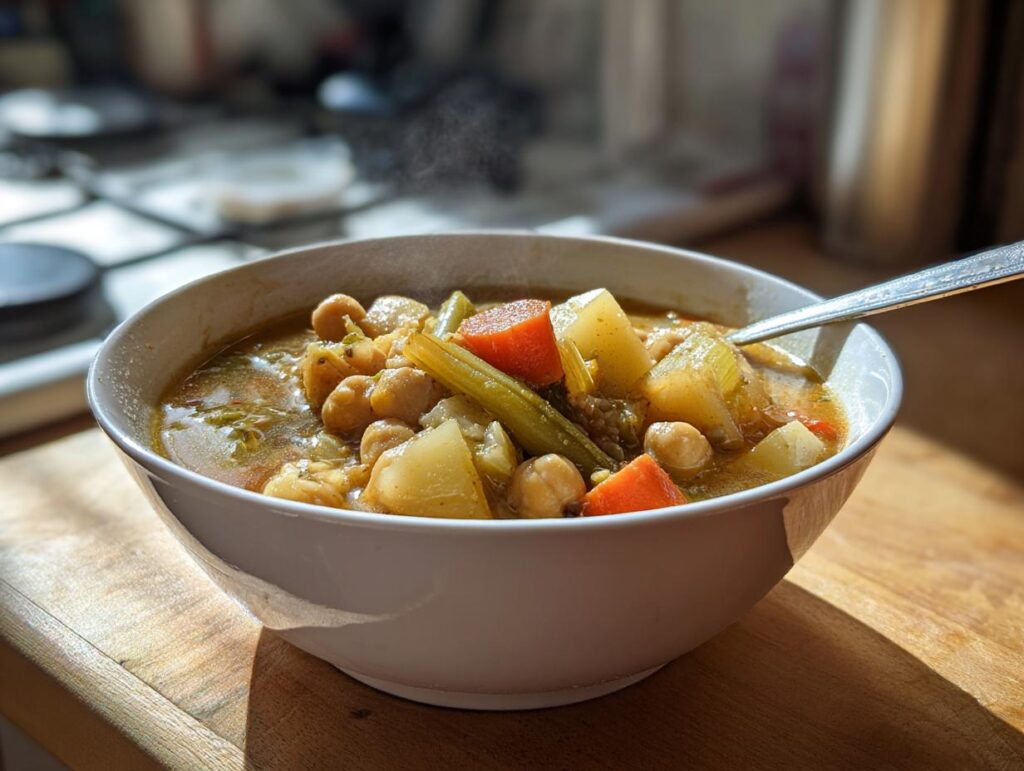 Tazón blanco lleno de cocido ligero de invierno con garbanzos, zanahorias, apio y papas