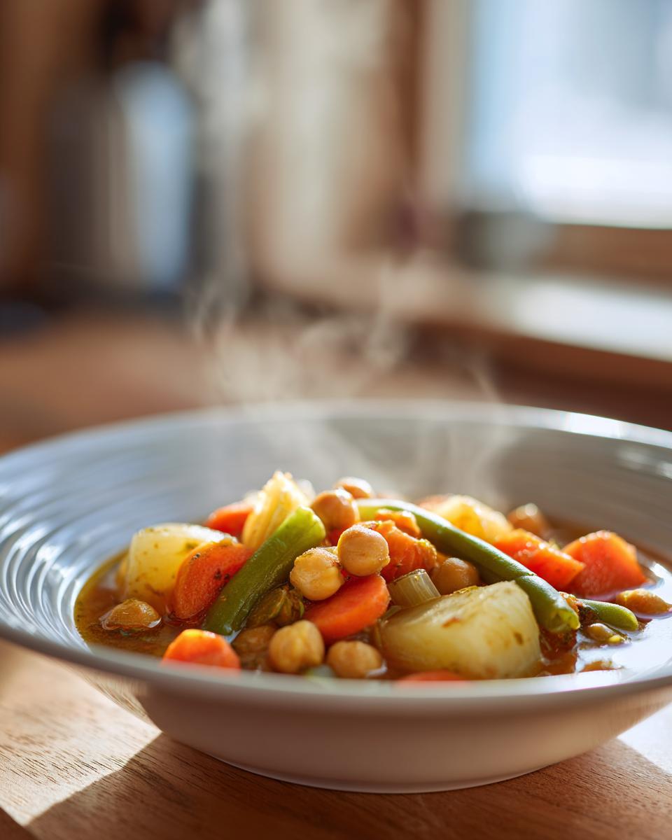 Plato hondo con cocido ligero de invierno con garbanzos, zanahorias y ejotes calientes.