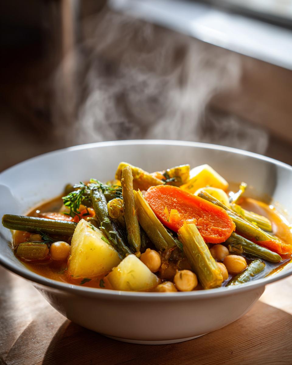 Tazón humeante de cocido ligero de invierno con zanahorias, garbanzos y patatas