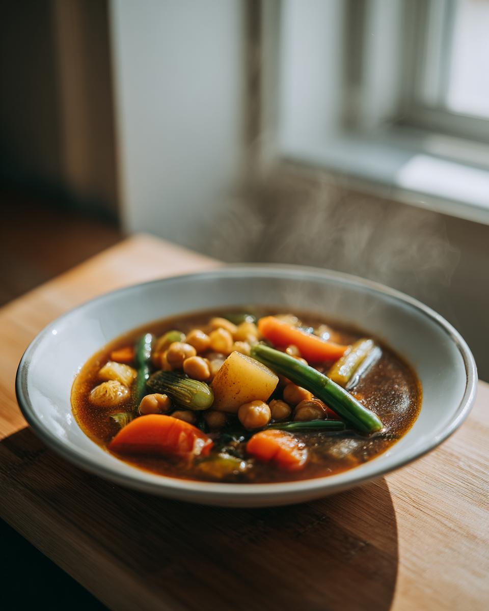 Plato de cocido ligero de invierno con garbanzos, zanahorias, judías y caldo caliente