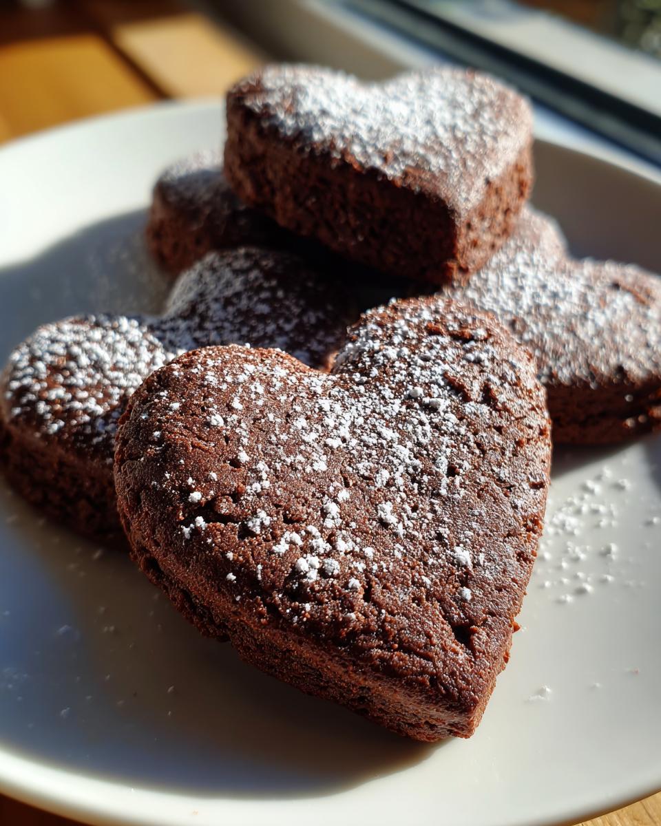 Galletas en forma de corazón de chocolate espolvoreadas con azúcar glas.