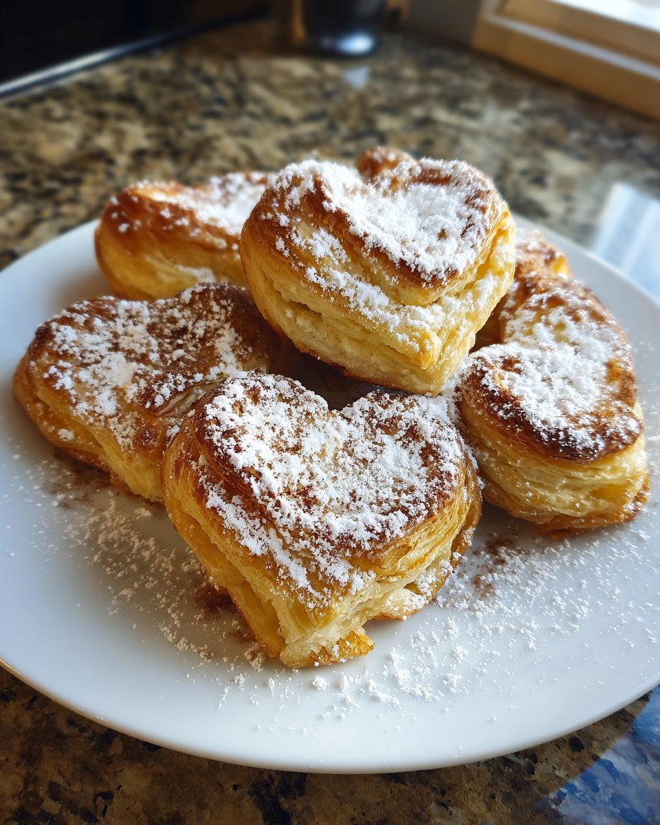 Corazones de hojaldre receta en un plato blanco con azúcar glas encima