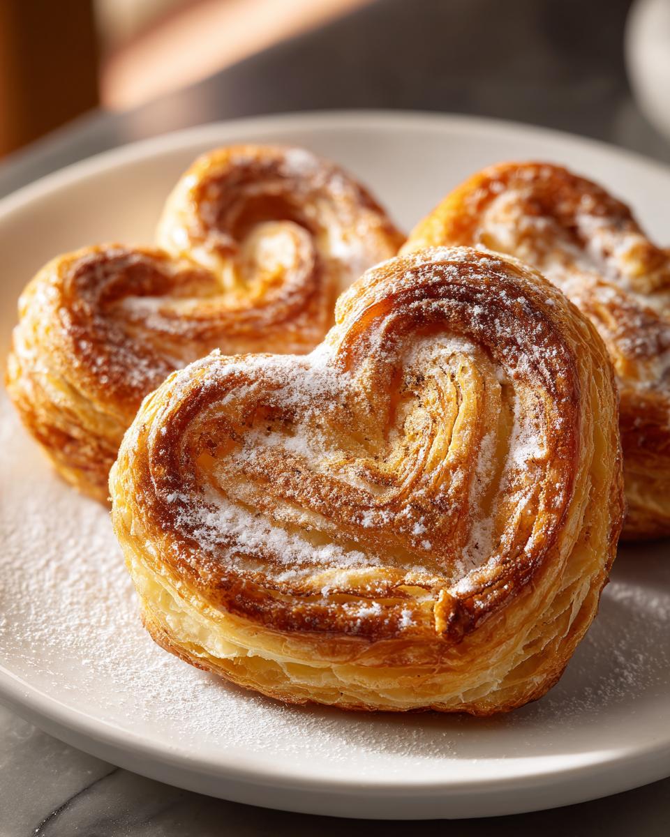 Tres corazones de hojaldre receta espolvoreados con azúcar glas en un plato blanco.