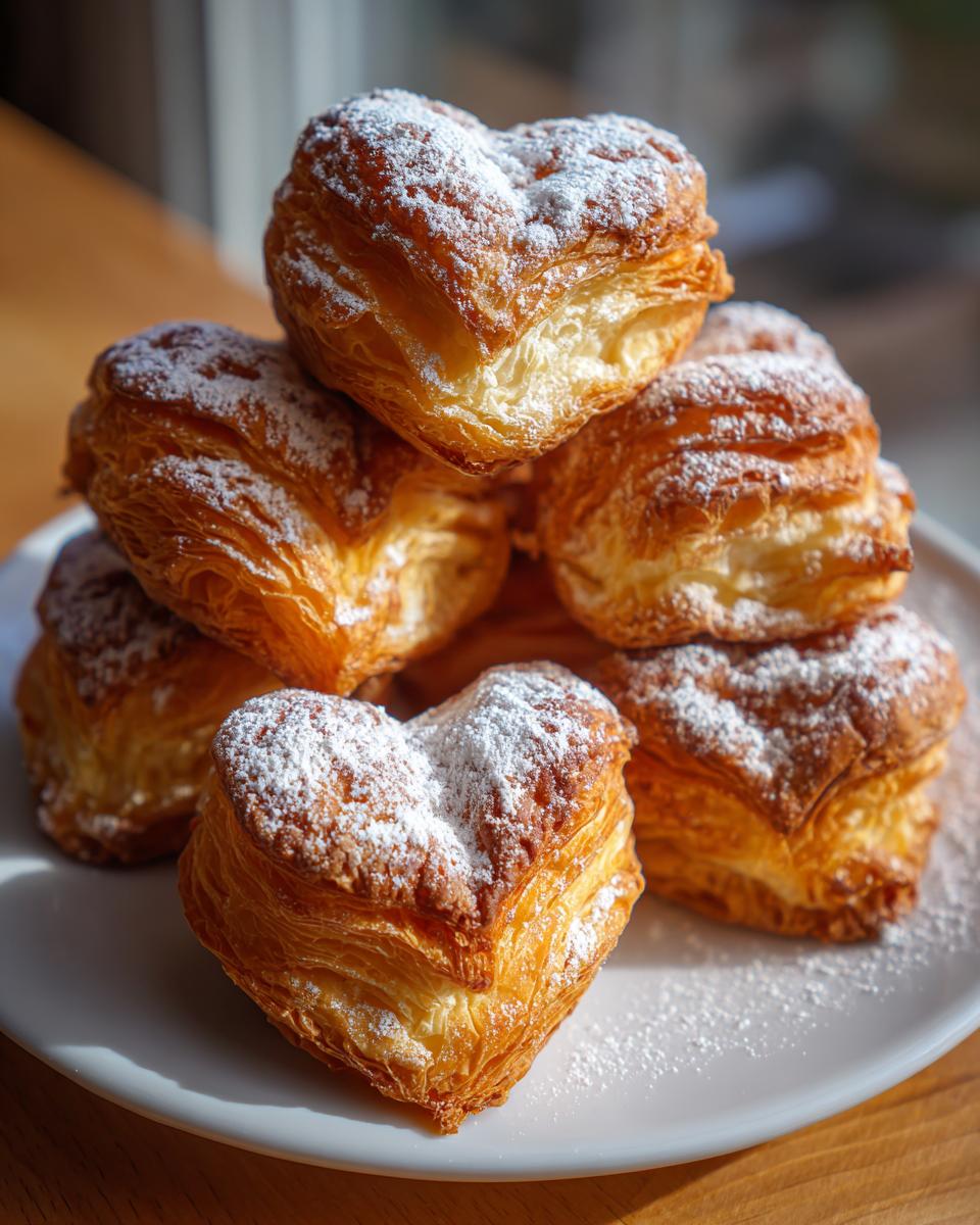 Corazones de hojaldre receta espolvoreados con azúcar glas sobre plato blanco.