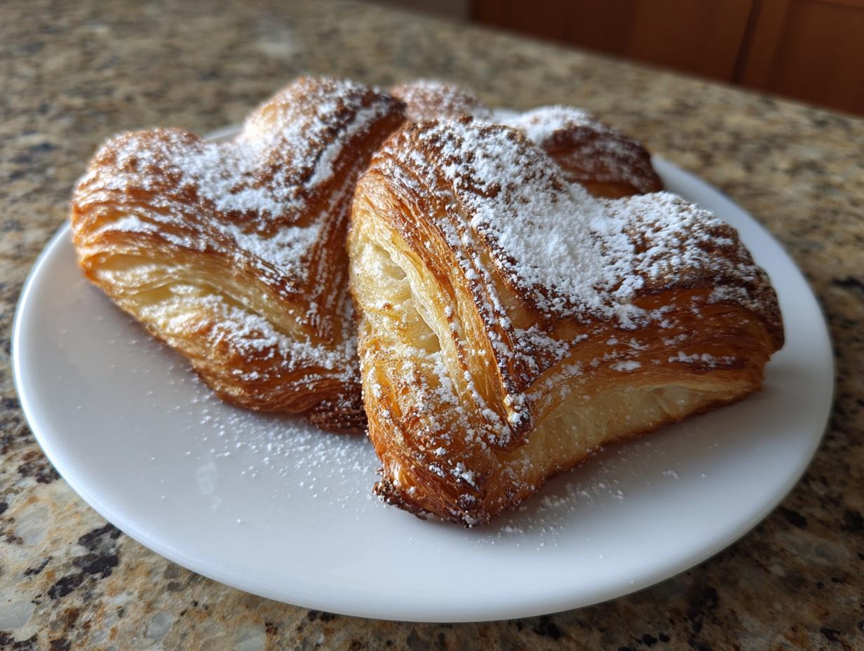 Dos corazones de hojaldre receta espolvoreados con azúcar glas en un plato blanco.