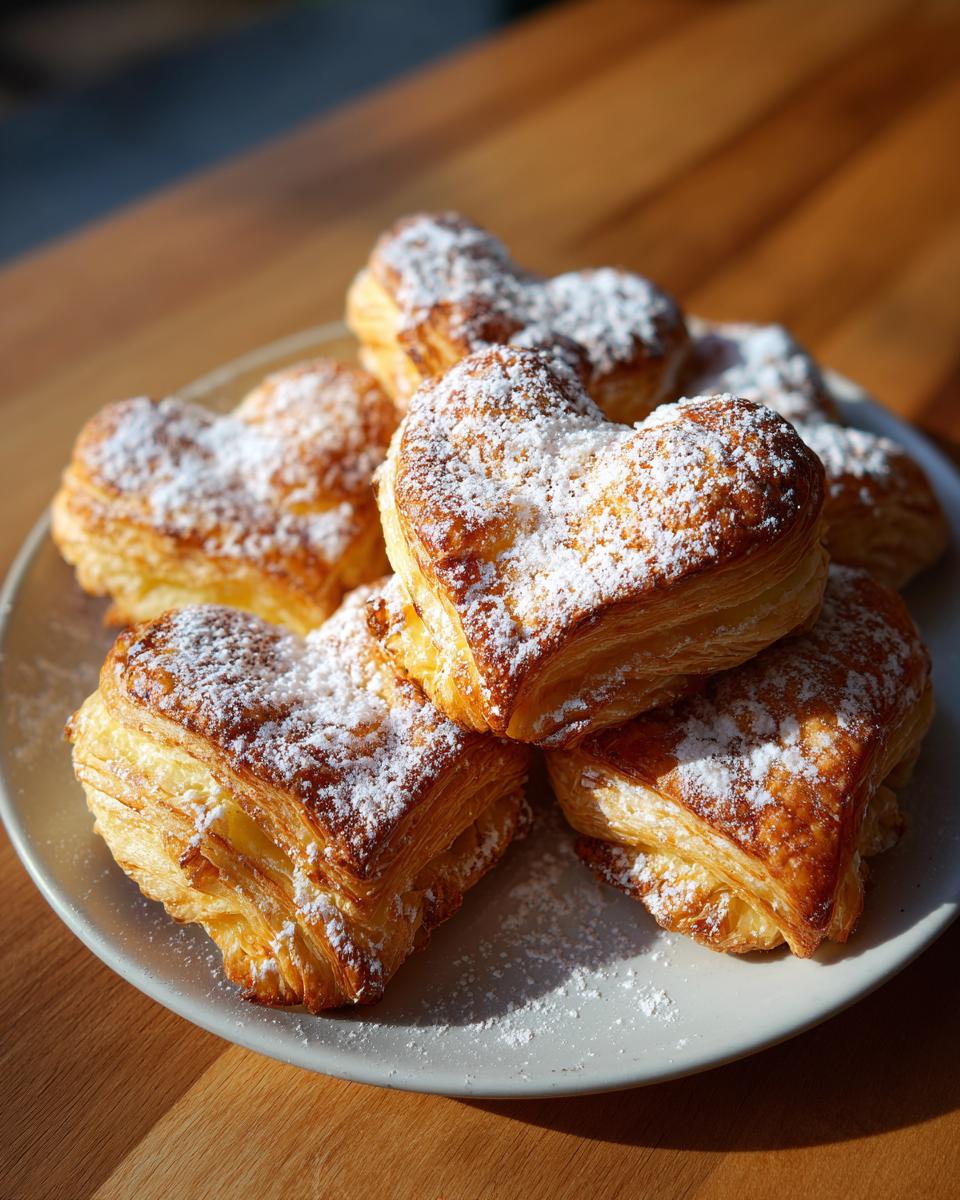 Corazones de hojaldre receta en un plato, espolvoreados con azúcar glass