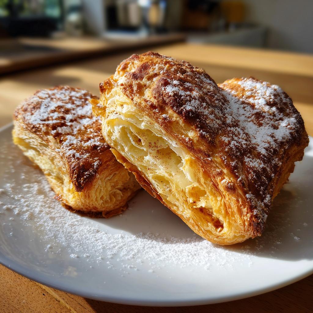 Dos corazones de hojaldre receta espolvoreados con azúcar glass en un plato blanco.
