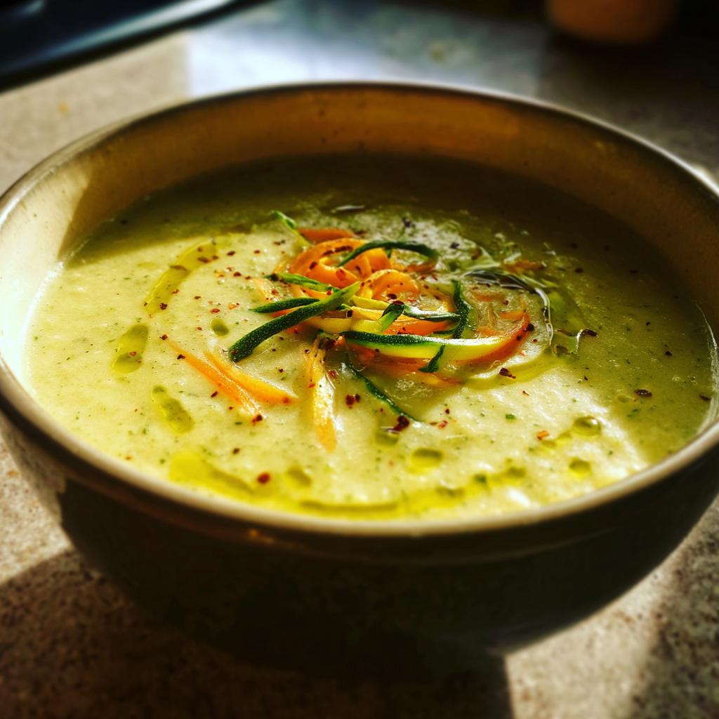 Tazón de crema de verduras decorada con tiras de zanahoria y calabacín y gotas de aceite