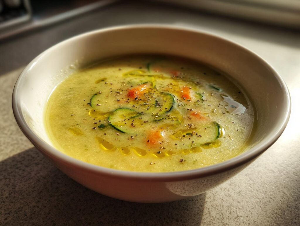Tazón blanco con crema de verduras decorada con rodajas de calabacín y trozos de zanahoria