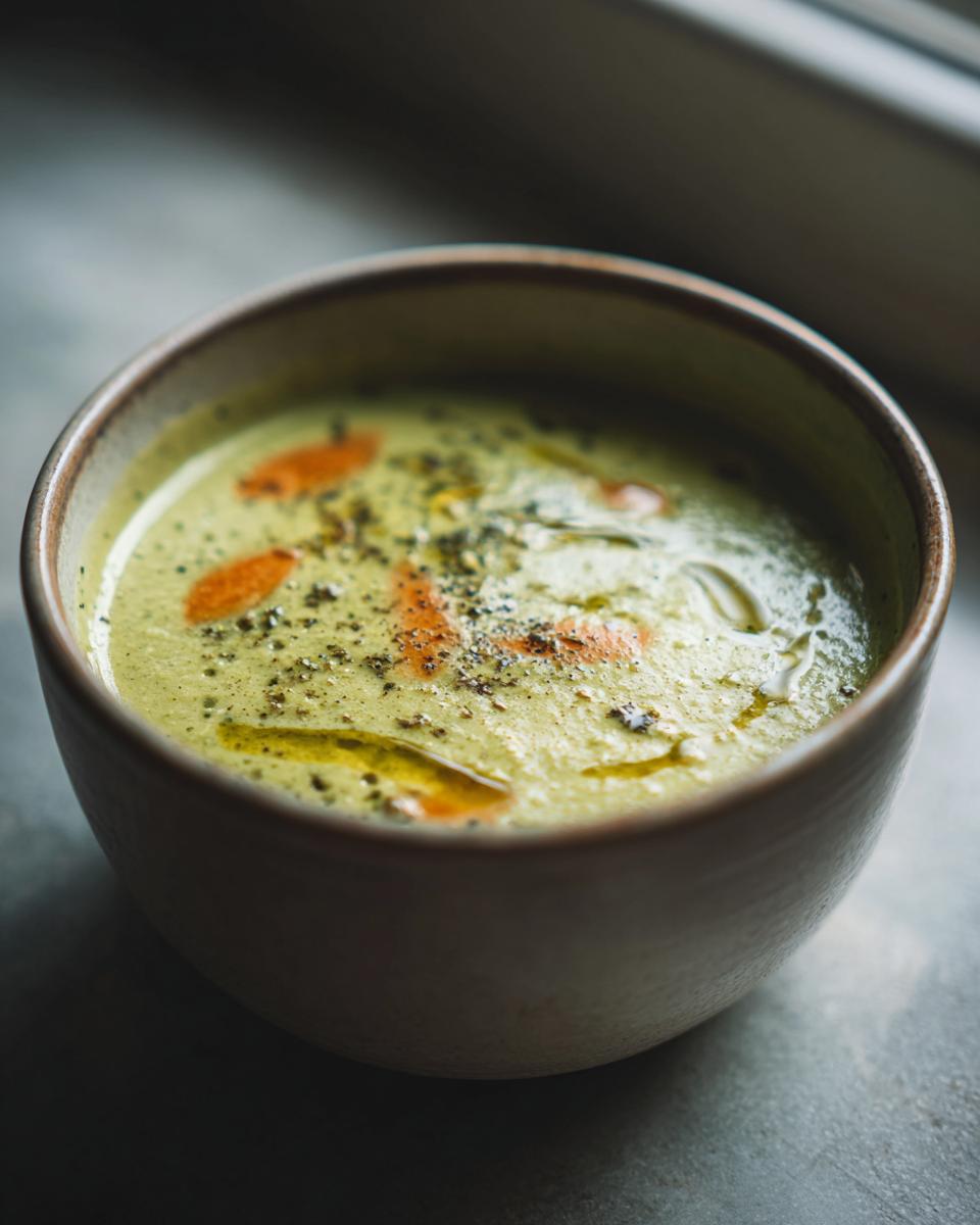 Sopa cremosa de verduras en tazón con gotas de aceite y pimienta negra