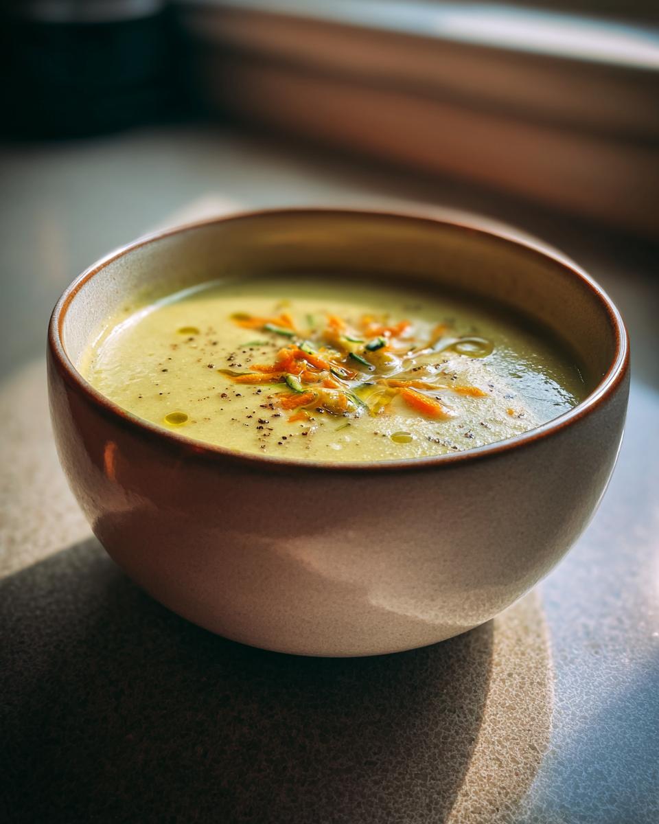 Tazón con crema de verduras decorada con semillas y aceite, bajo luz natural.