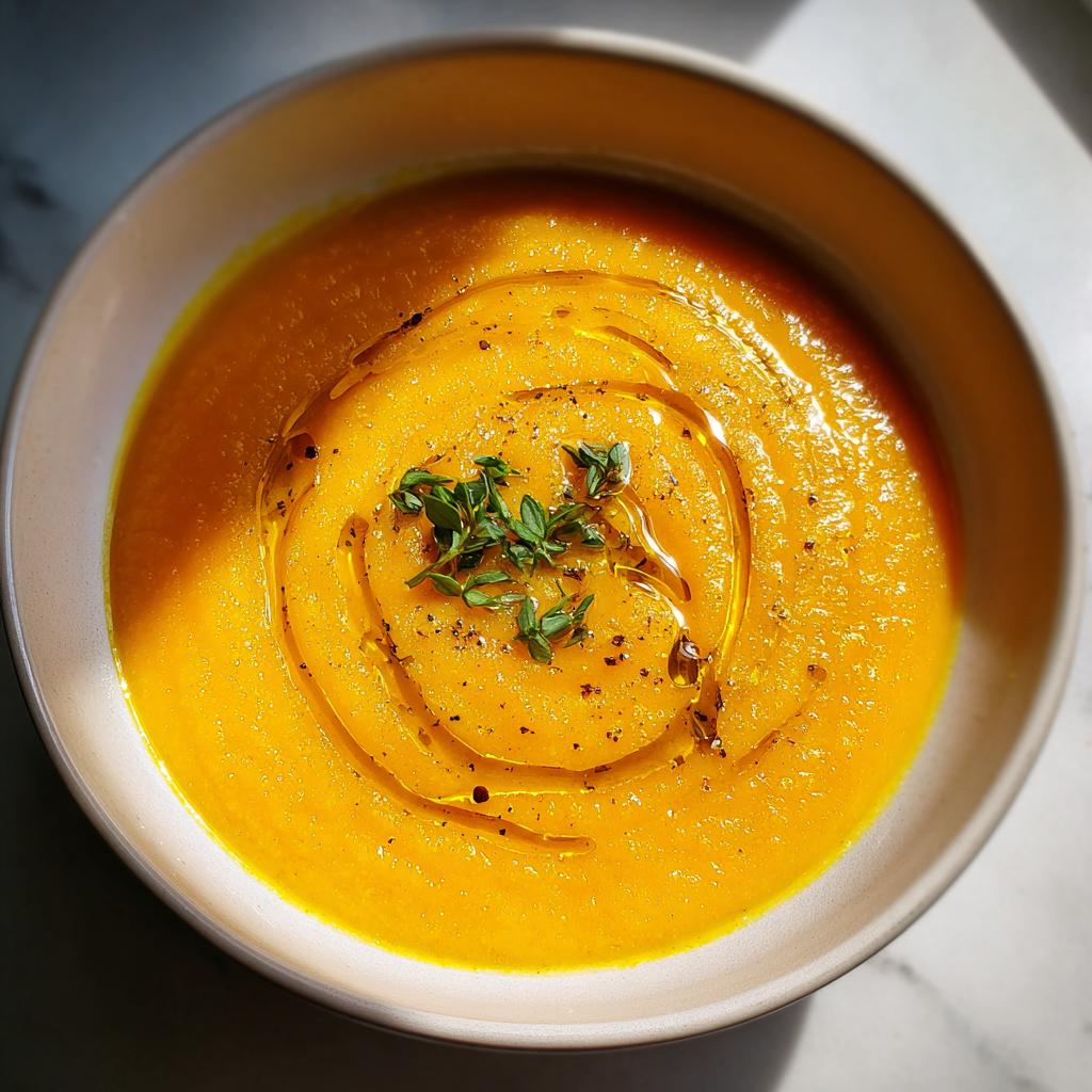 Tazón de crema de verduras saludables de calabaza con aderezo de aceite y hierbas frescas