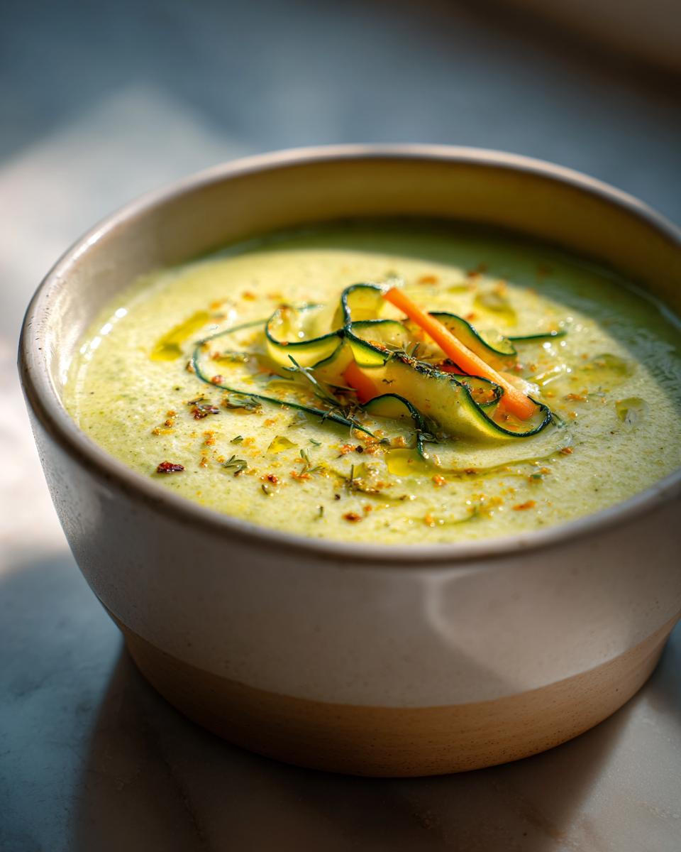 Tazón con crema de verduras adornada con tiras de calabacín y zanahoria y especias