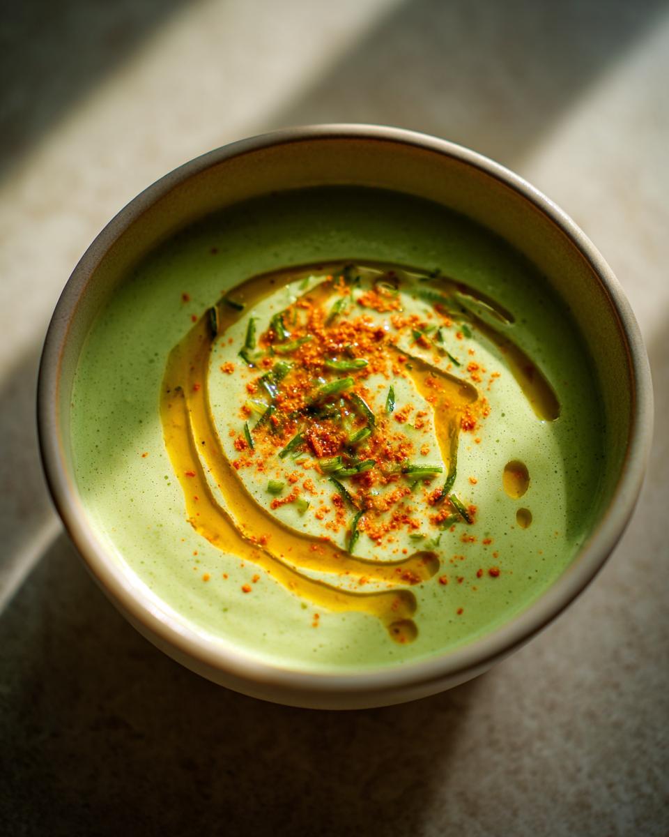 Tazón con crema de verduras verde adornada con aceite y especias rojas