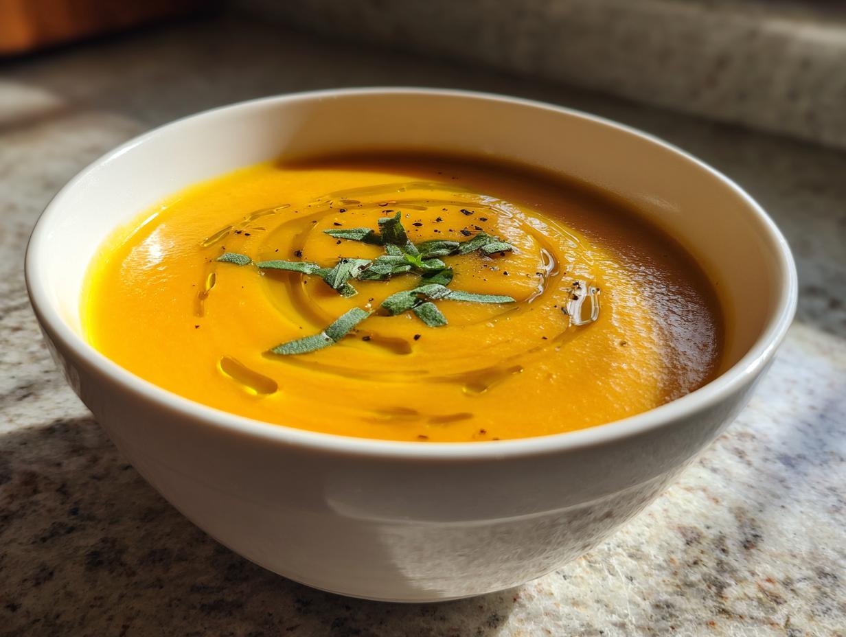 Tazón blanco con crema de verduras saludables amarilla con hierbas y gotas de aceite