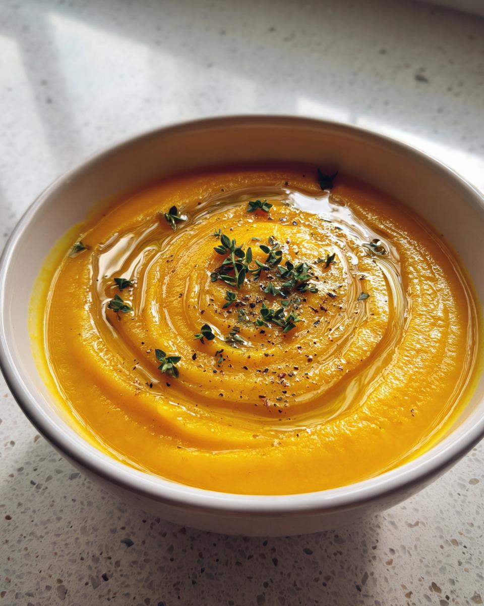 Crema de verduras saludables color naranja decorada con hierbas frescas y aceite en un bowl blanco