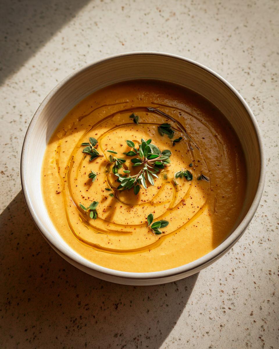 Tazón con crema de verduras saludables de color amarillo adornada con aceite y hierbas frescas