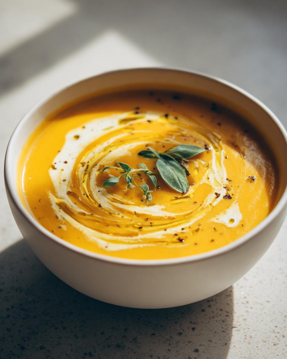 Bowl blanco con cremas de verduras saludables amarilla decorada con crema y hierbas frescas