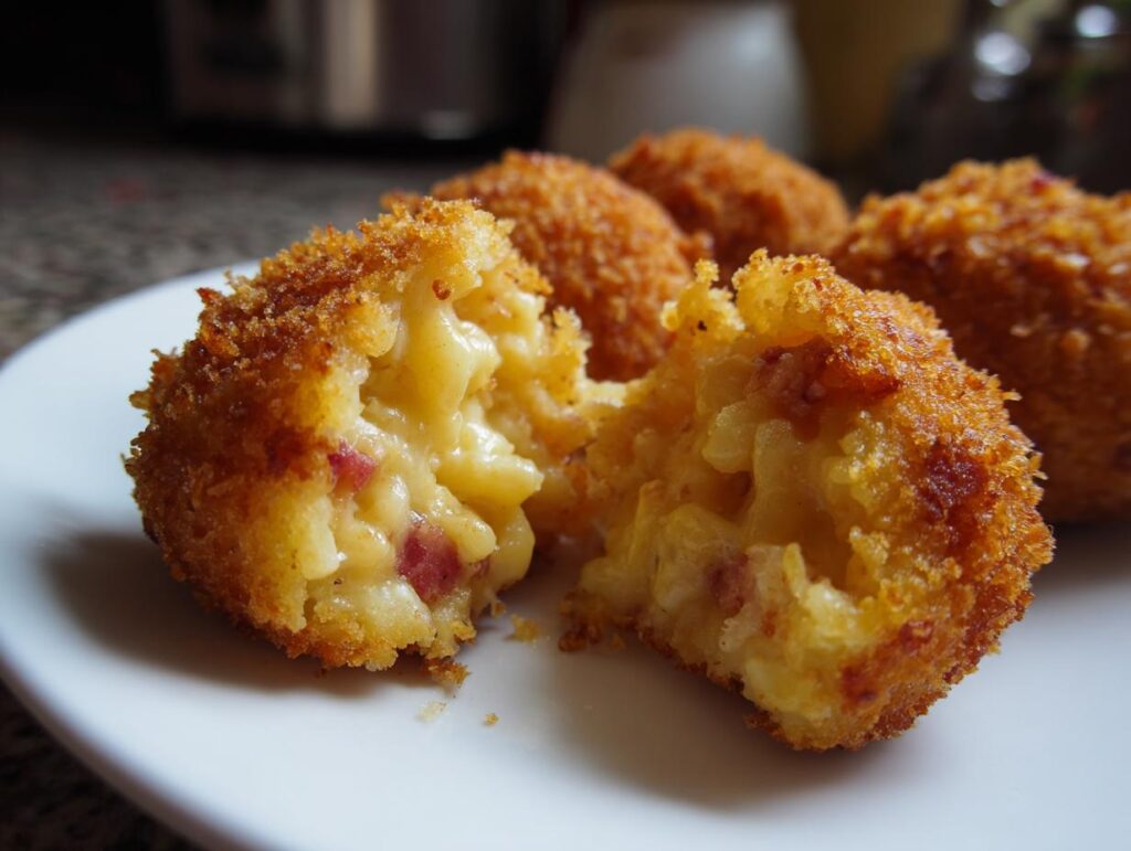 Croquetas caseras crujientes con relleno cremoso y trozos de jamón en un plato blanco.