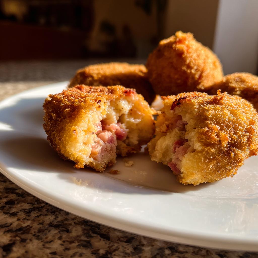 Croquetas caseras doradas y crujientes con relleno de jamón en un plato blanco.