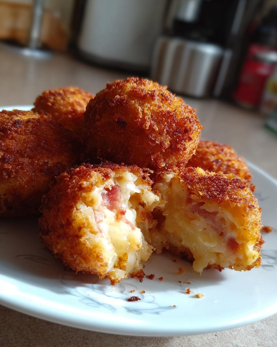 Primer plano de croquetas caseras doradas y rellenas sobre un plato blanco.