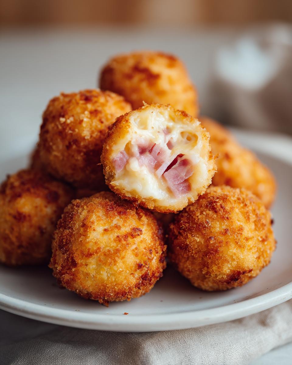 Croquetas caseras doradas y crujientes con relleno cremoso de jamón y queso