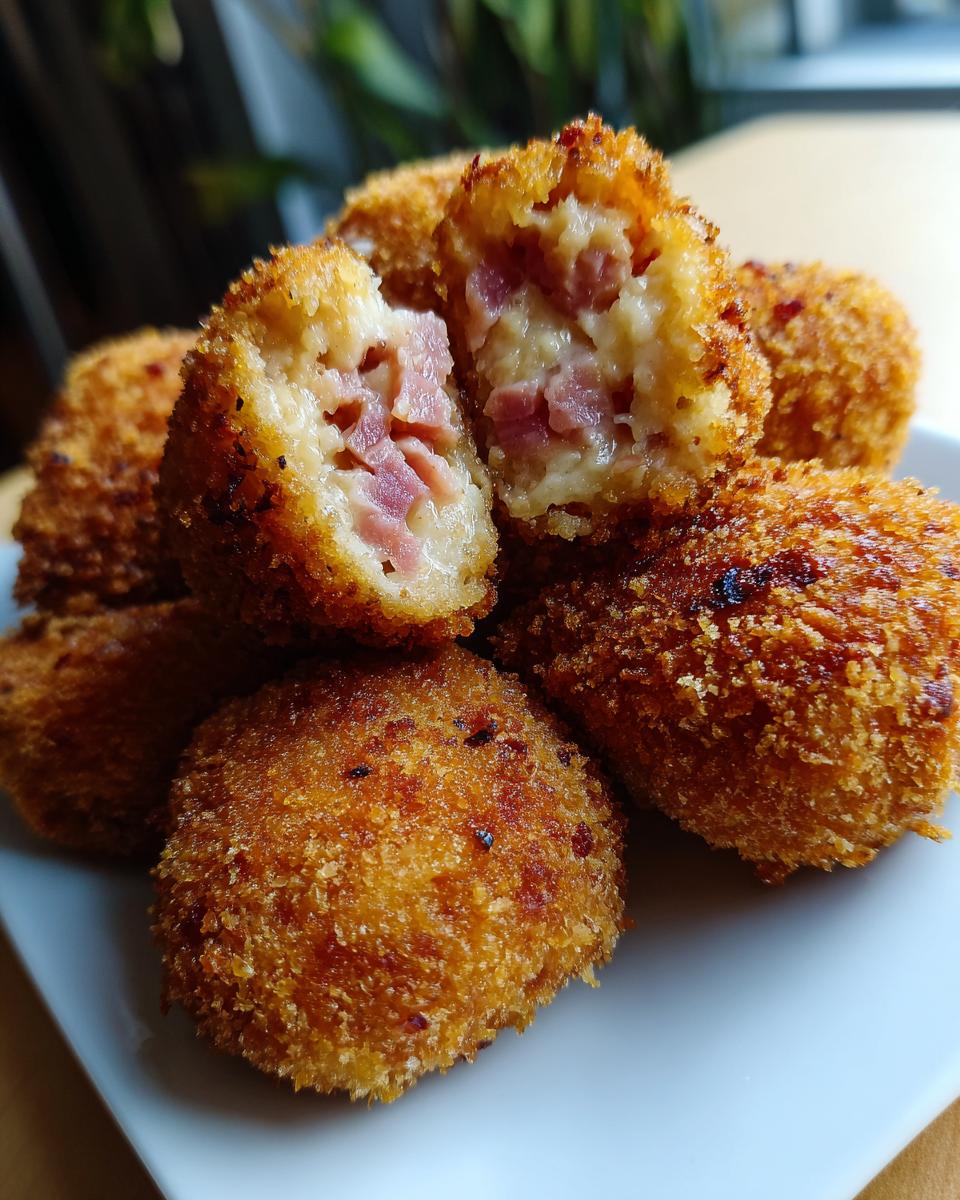 Croquetas caseras doradas y crujientes rellenas de jamón y queso en un plato blanco