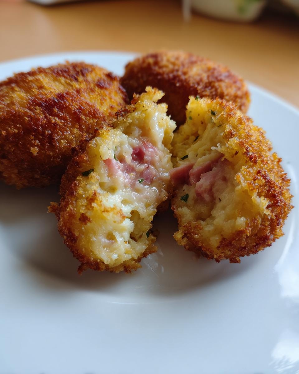 Croquetas caseras doradas con relleno cremoso de jamón en plato blanco