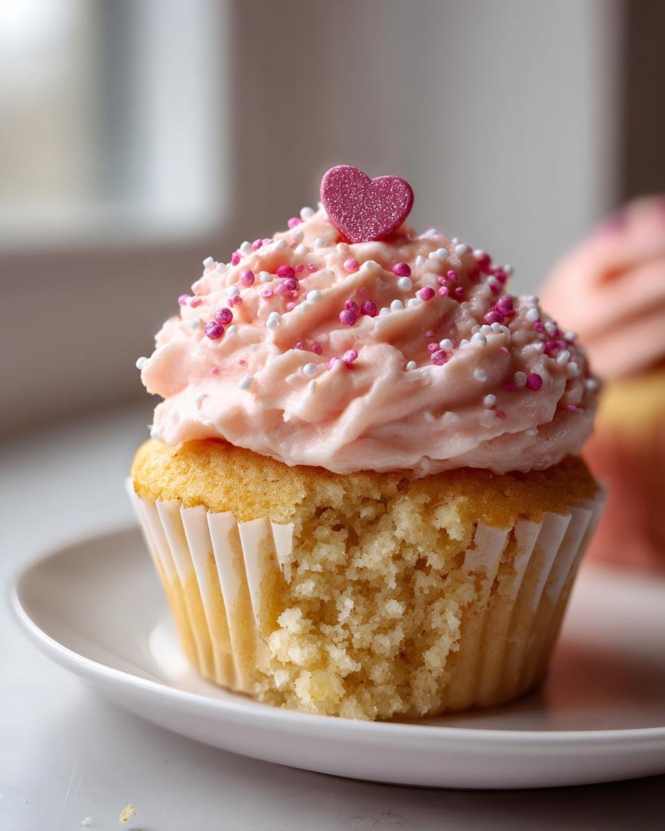 Cupcake de San Valentín con glaseado rosa, decorado con perlas y un corazón brillante en la cima.