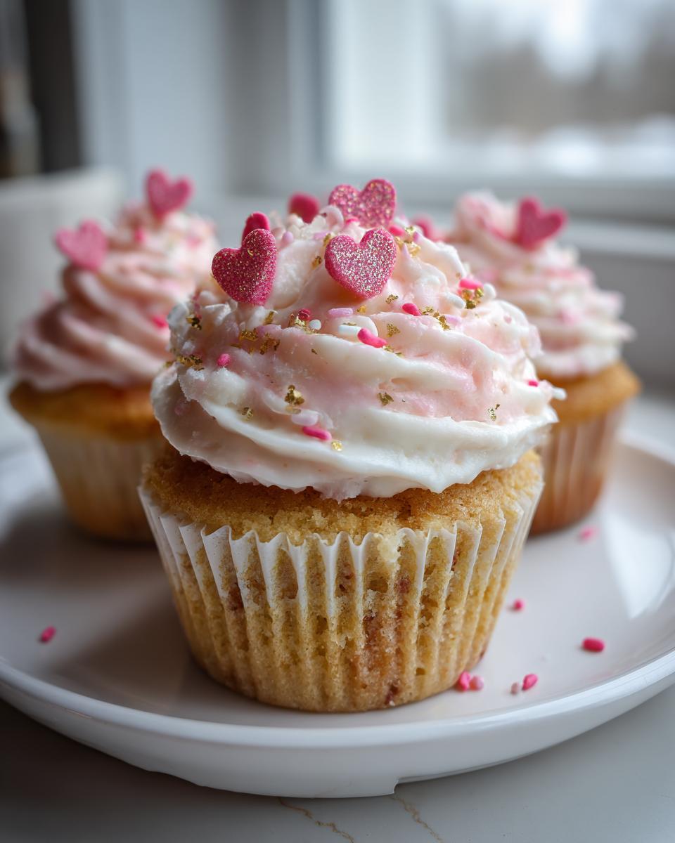Tres cupcakes de San Valentín con crema blanca y rosa y decoraciones en forma de corazón rosa brillante