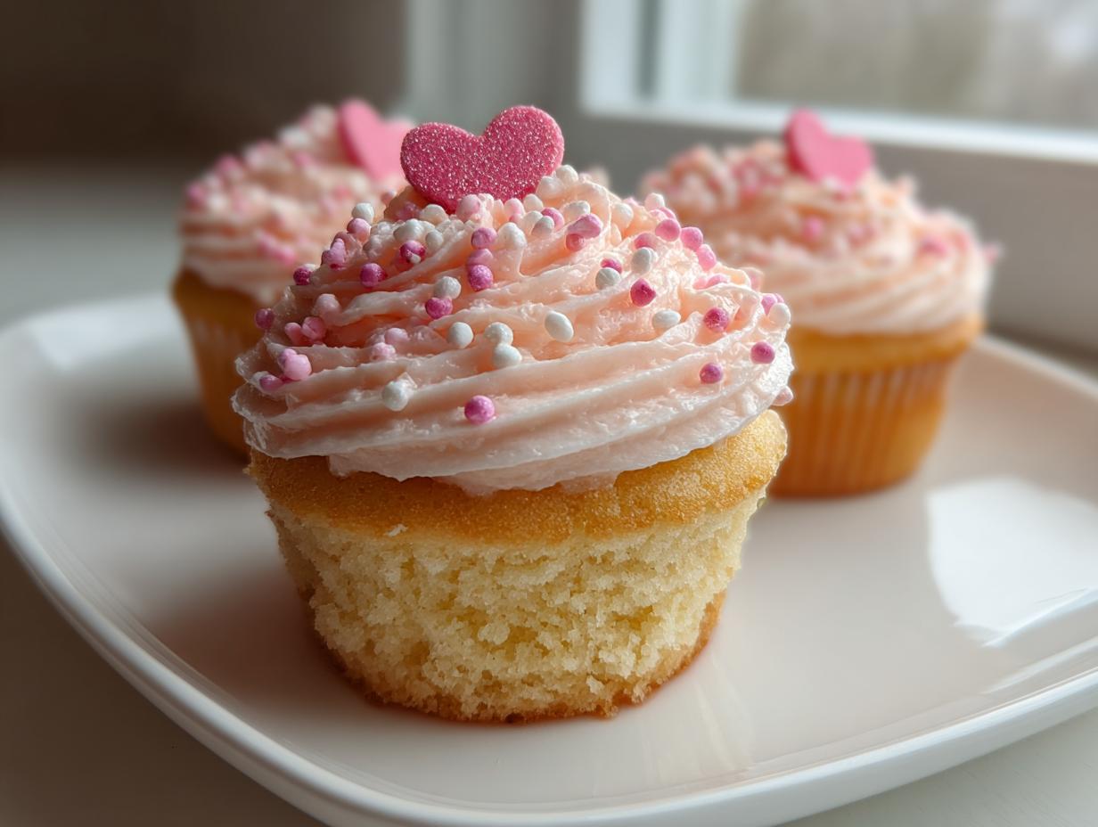 Cupcakes de san valentín con glaseado rosa y decoraciones de corazón y esferas rosadas